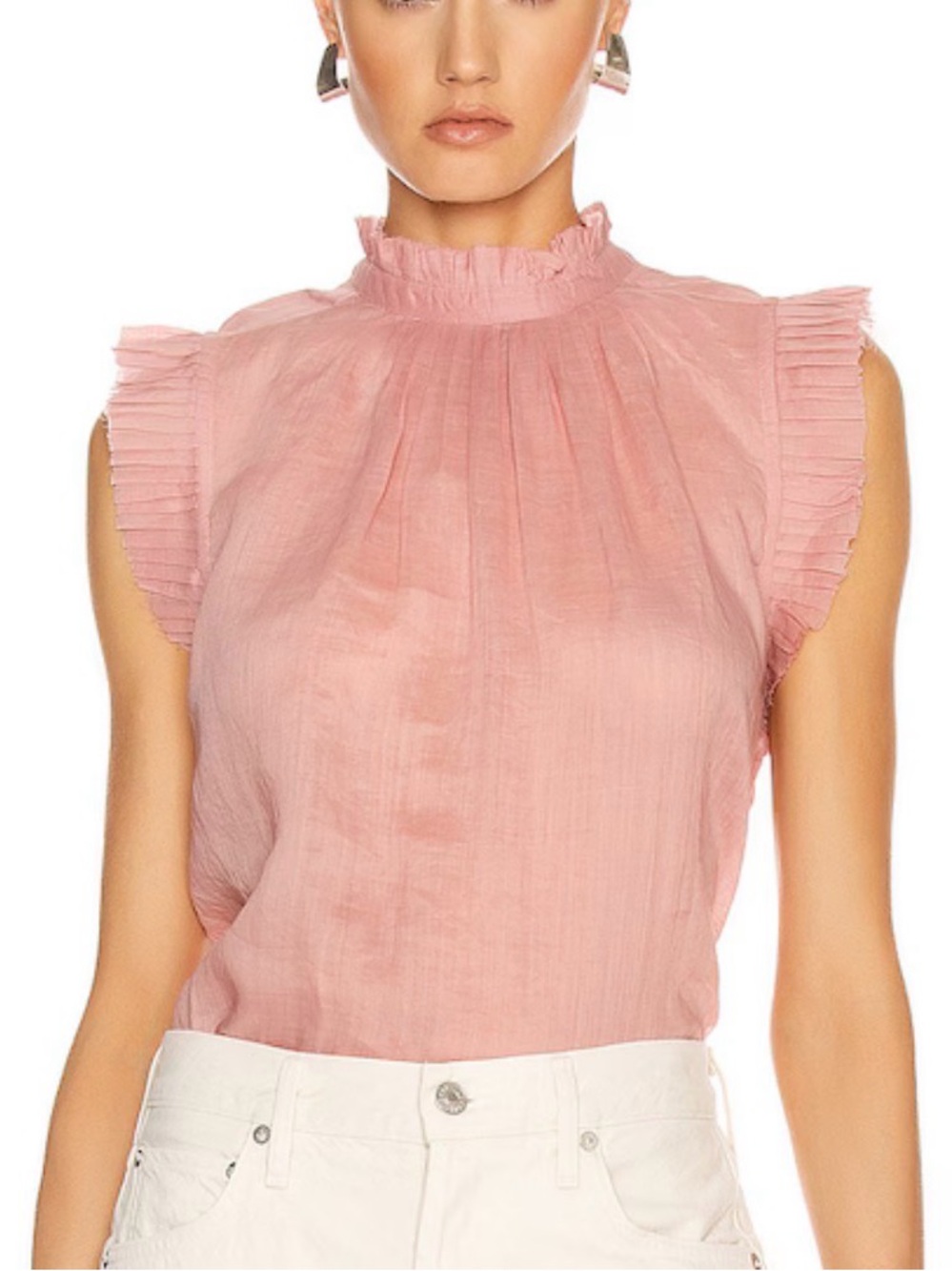 Frame brand Blush Pink Ruffle High-Neck Blouse with Botton Back Detail